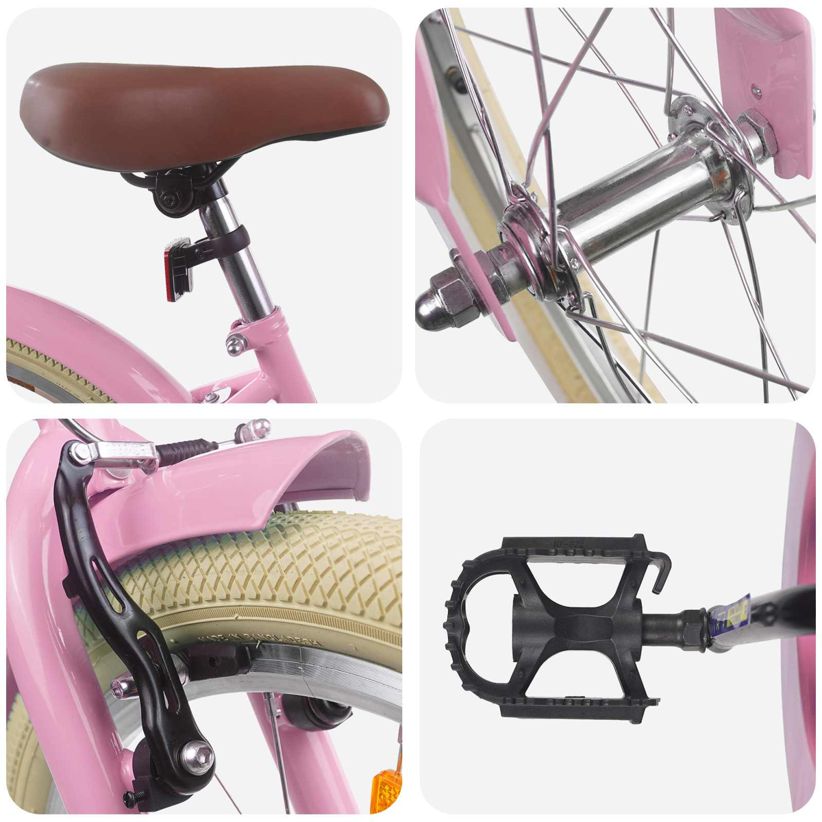 Nahaufnahme einer rosa Fahrradkomponente: Sattel, Radnabe, Bremse, Pedal.