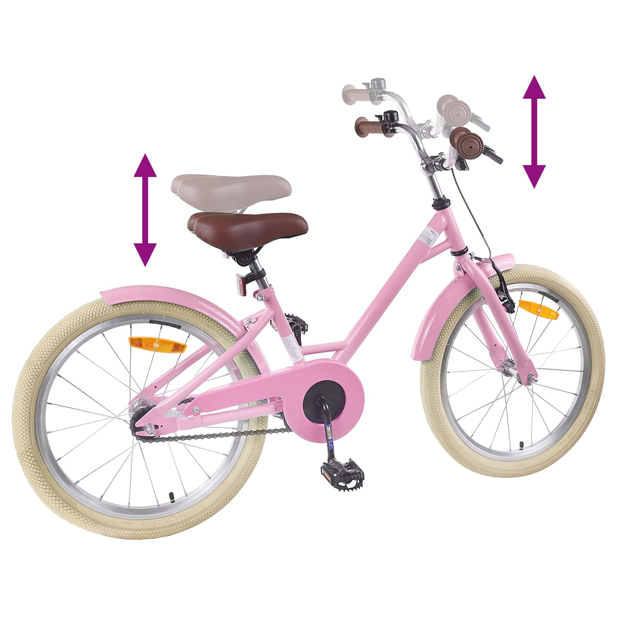 Rosa Fahrrad mit verstellbarem Sattel und Lenker, auf weißem Hintergrund.