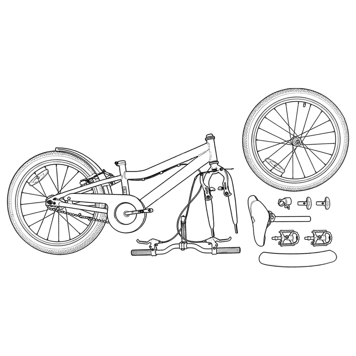 Zerlegte Fahrradteile: Rahmen, Räder, Sattel, Lenker, Pedale.