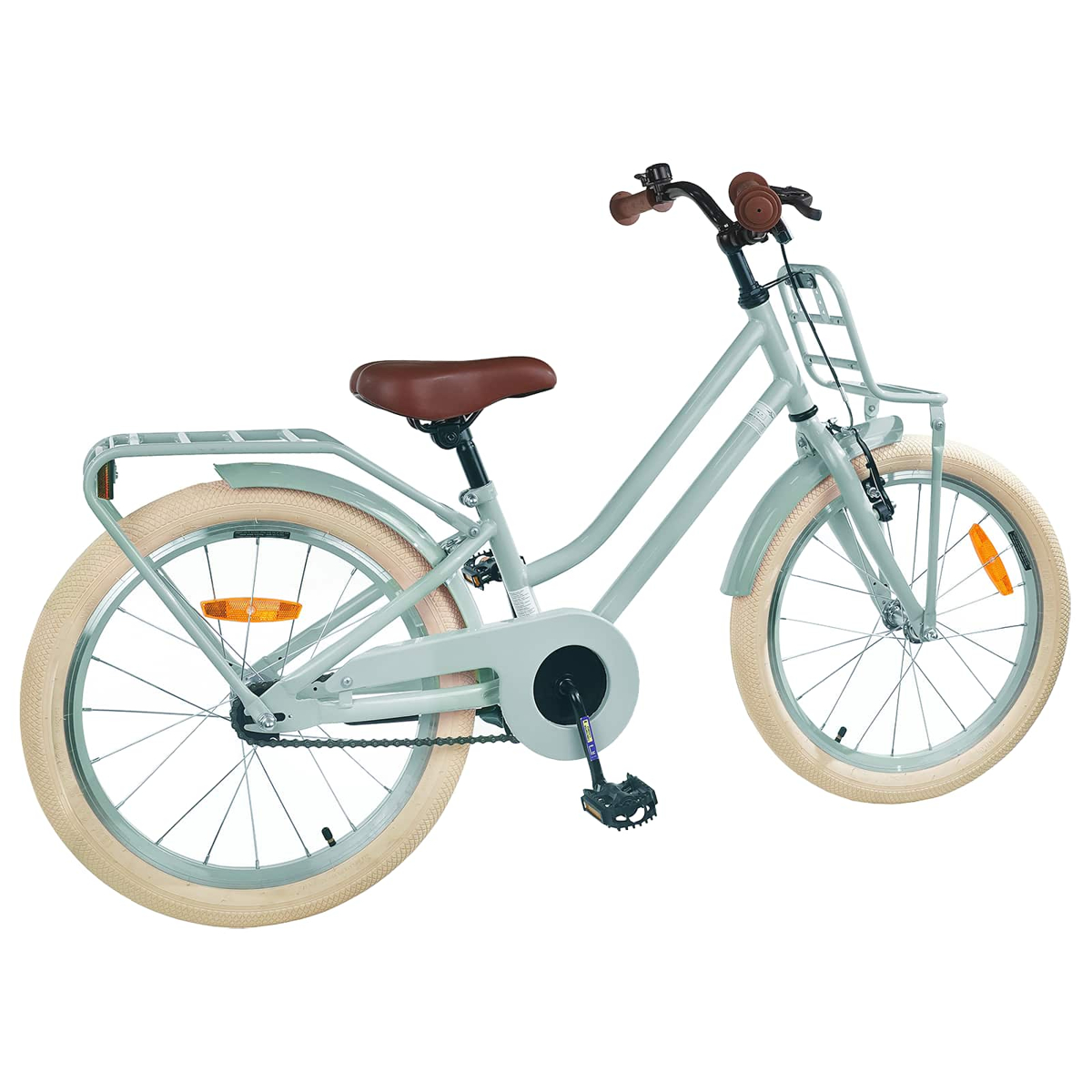 Ein hellgrünes Fahrrad mit braunem Sattel und beigefarbenen Reifen.