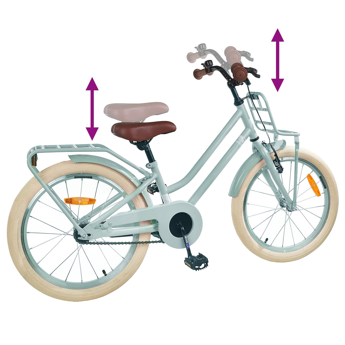 Ein mintgrünes Fahrrad mit hellbeigen Reifen. Sattel und Lenker sind verstellbar.