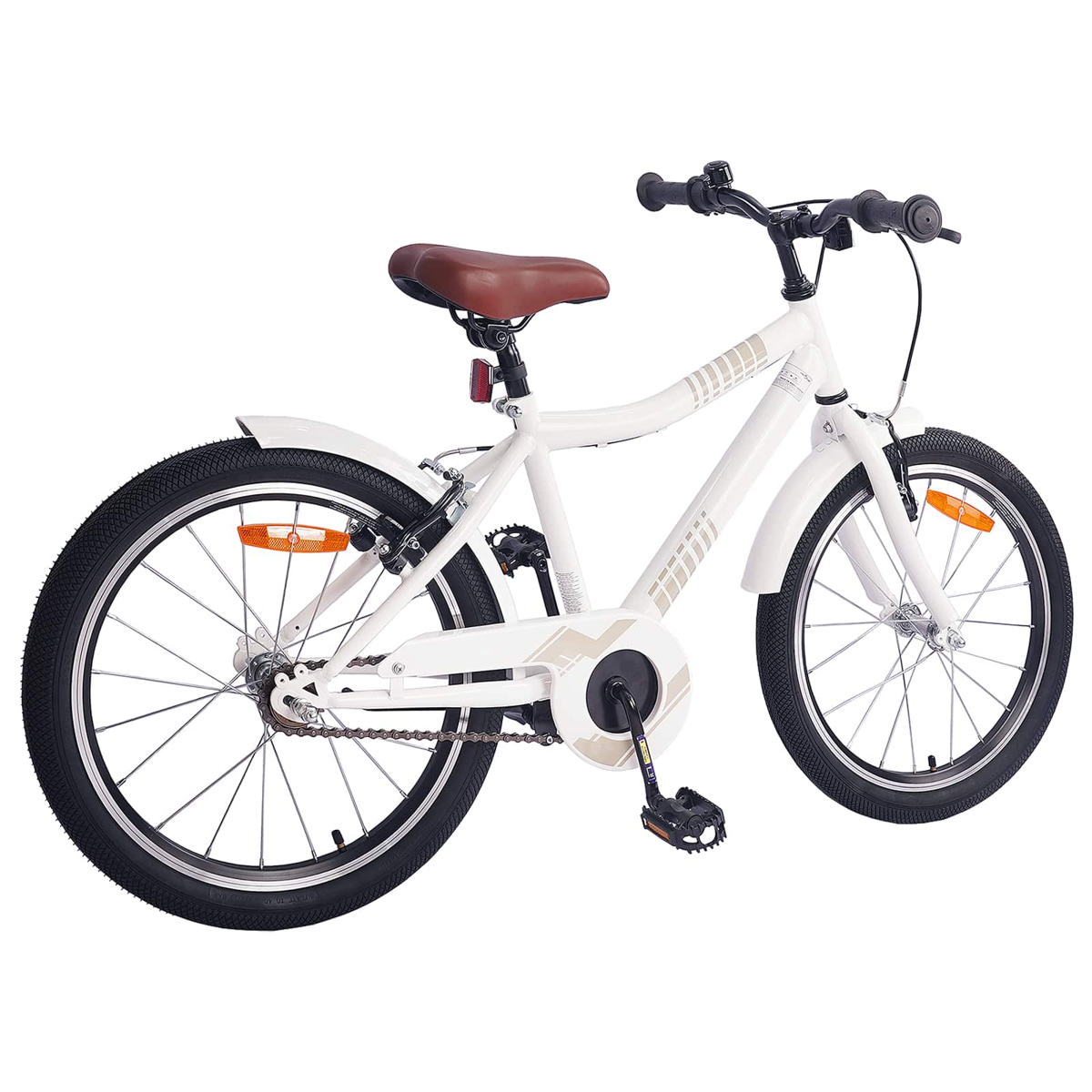 Ein weißes Kinderfahrrad mit braunem Sattel, schwarzen Reifen und silbernen Speichen.
