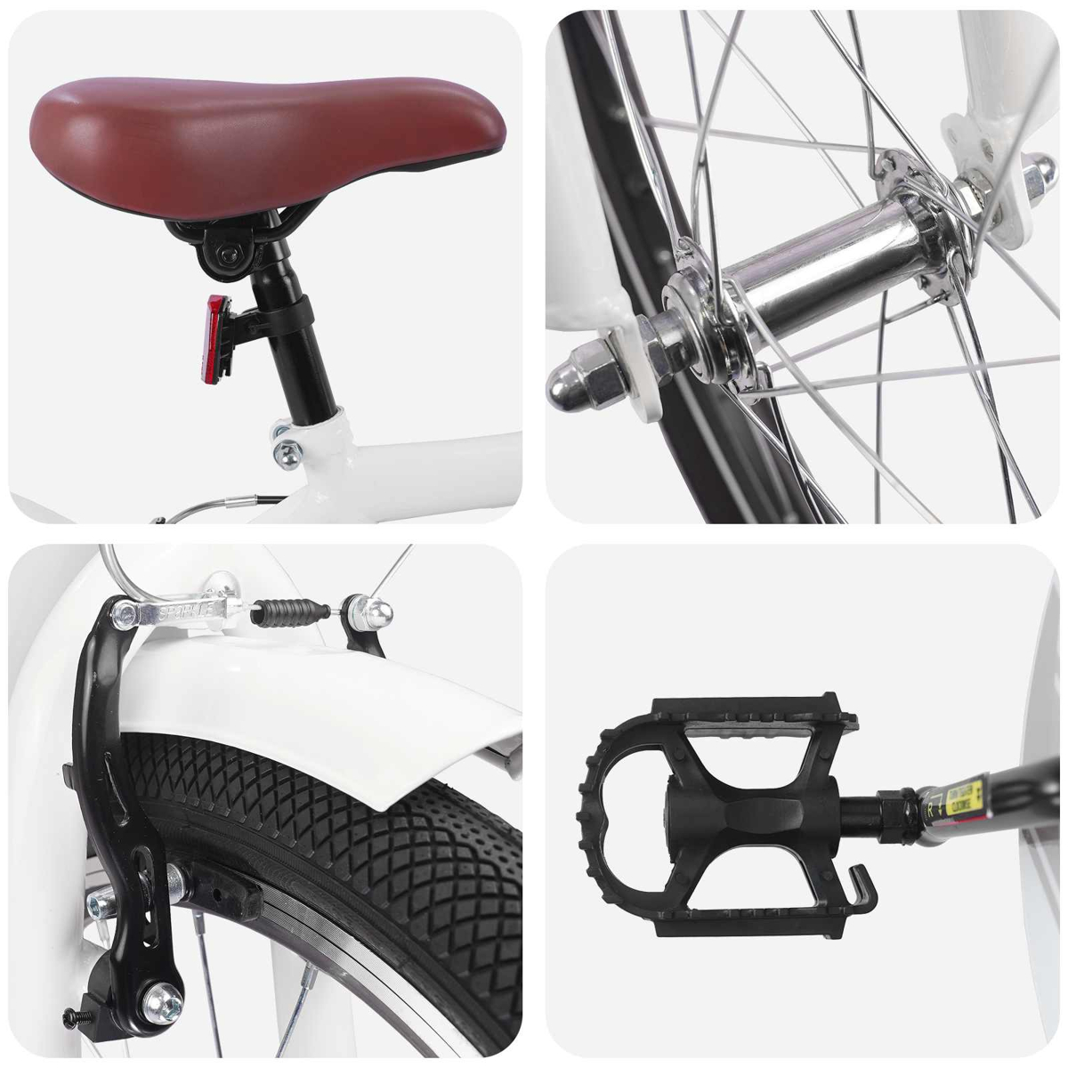 Collage aus Fahrradteilen: brauner Sattel, Radnabe, Bremse und schwarzer Pedal.