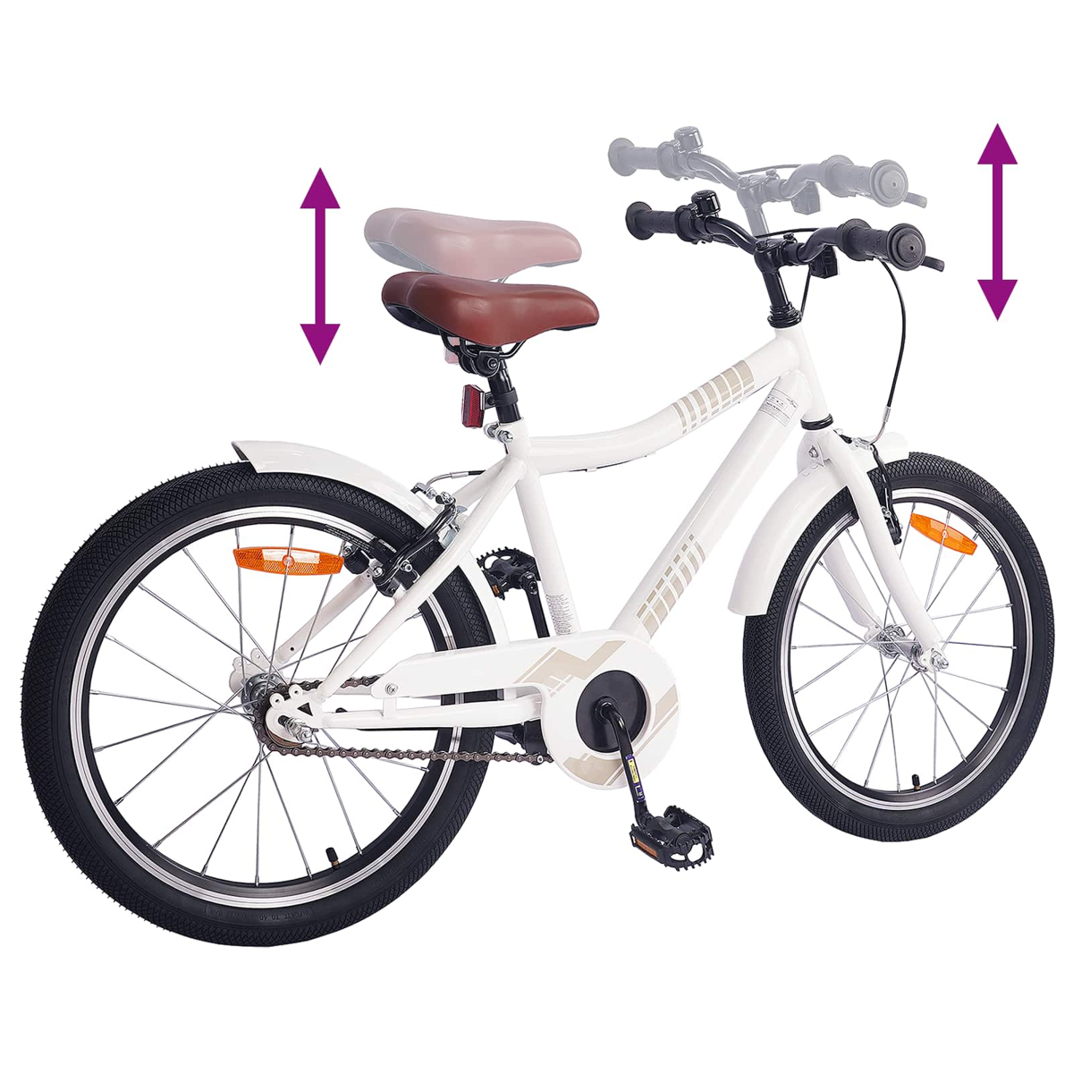 Ein weißes Kinderfahrrad mit braunem Sattel und einstellbarer Höhe.
