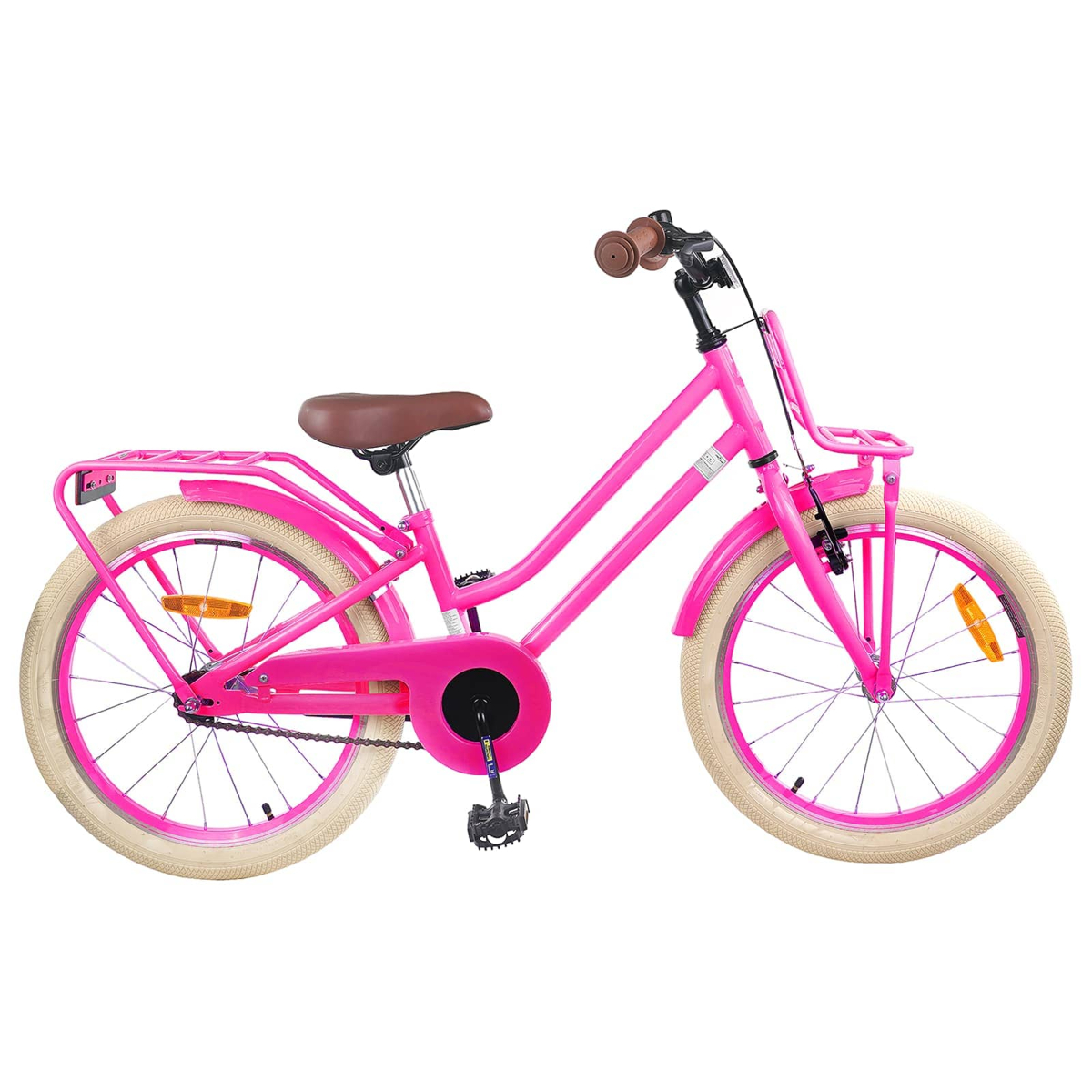 Ein leuchtend pinkes Fahrrad mit braunem Sitz und Lenker, cremefarbenen Reifen, vorne Korb.