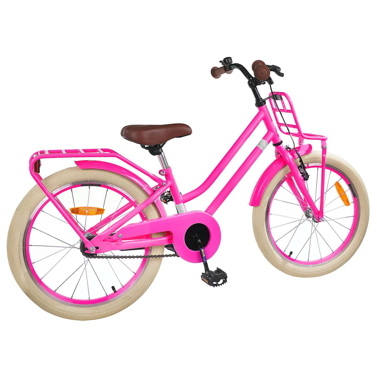 Ein rosafarbenes Kinderfahrrad mit braunem Sattel und cremefarbenen Reifen.