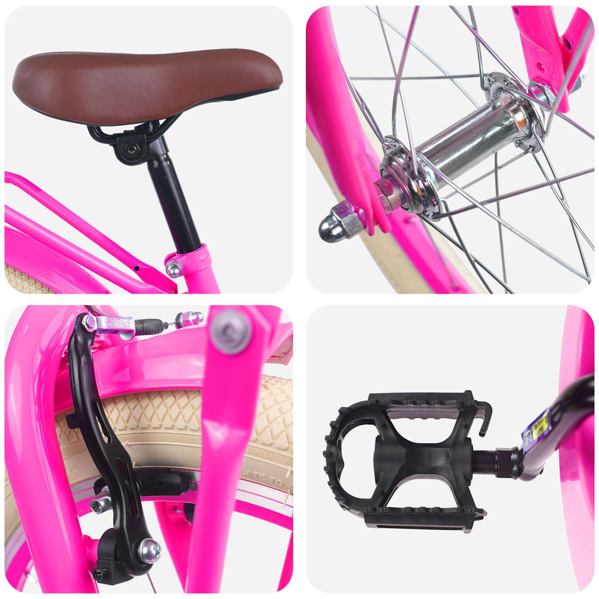 Collage aus vier Nahaufnahmen eines knallpinken Fahrrads: Sattel, Vorderradnabe, Hinterradbremse, Pedal.