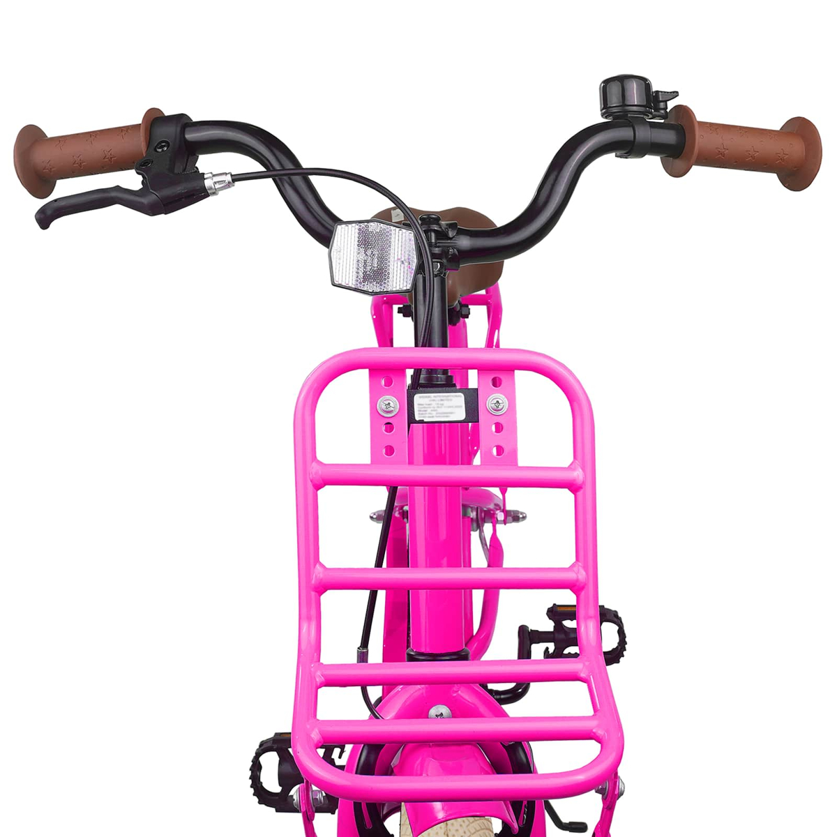 Ein pinkes Fahrrad mit braunen Griffen, Klingel, Lampe und Gepäckträger.