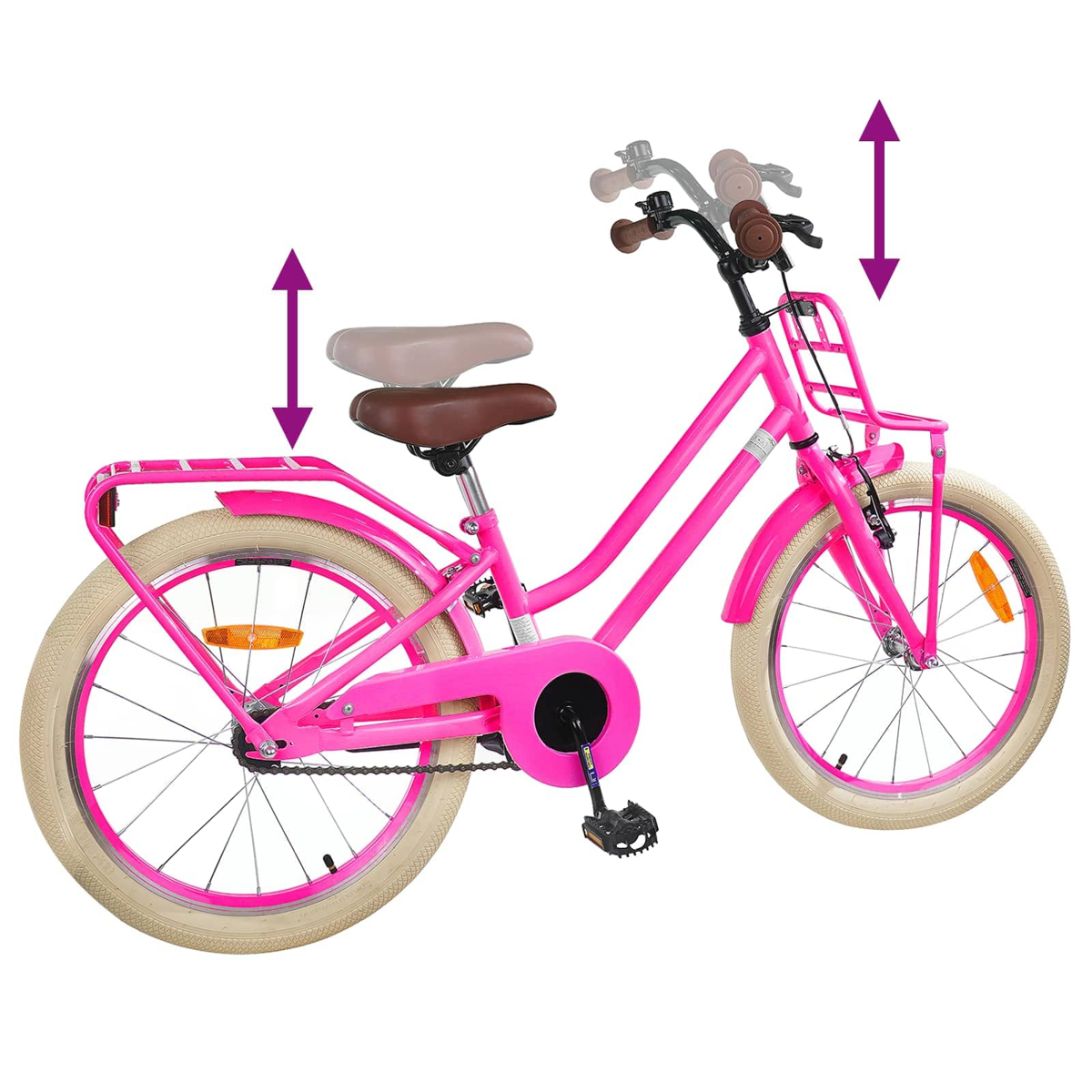 Pinkes Fahrrad mit verstellbarem Sattel und Lenker, weißen Reifen.