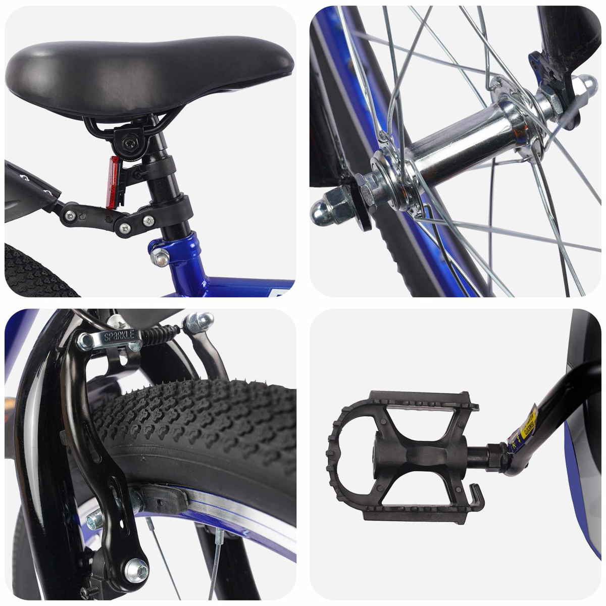 Detailansichten eines blauen Fahrrads: Sattel, Radnabe, Bremse und Pedal.