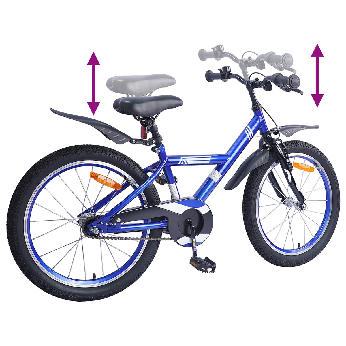 Blaues Fahrrad mit verstellbarem Sattel und Lenker, auf weißem Hintergrund.