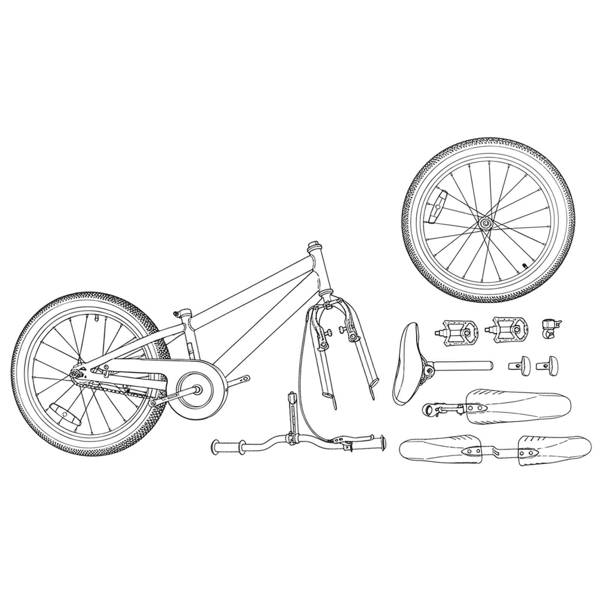 Ein Fahrradrahmen mit Rädern, Lenker, Pedalen und Schutzblechen.