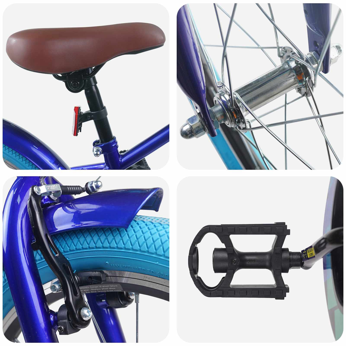 Ein Fahrradsattel, Radnabe, Bremse und Pedal.