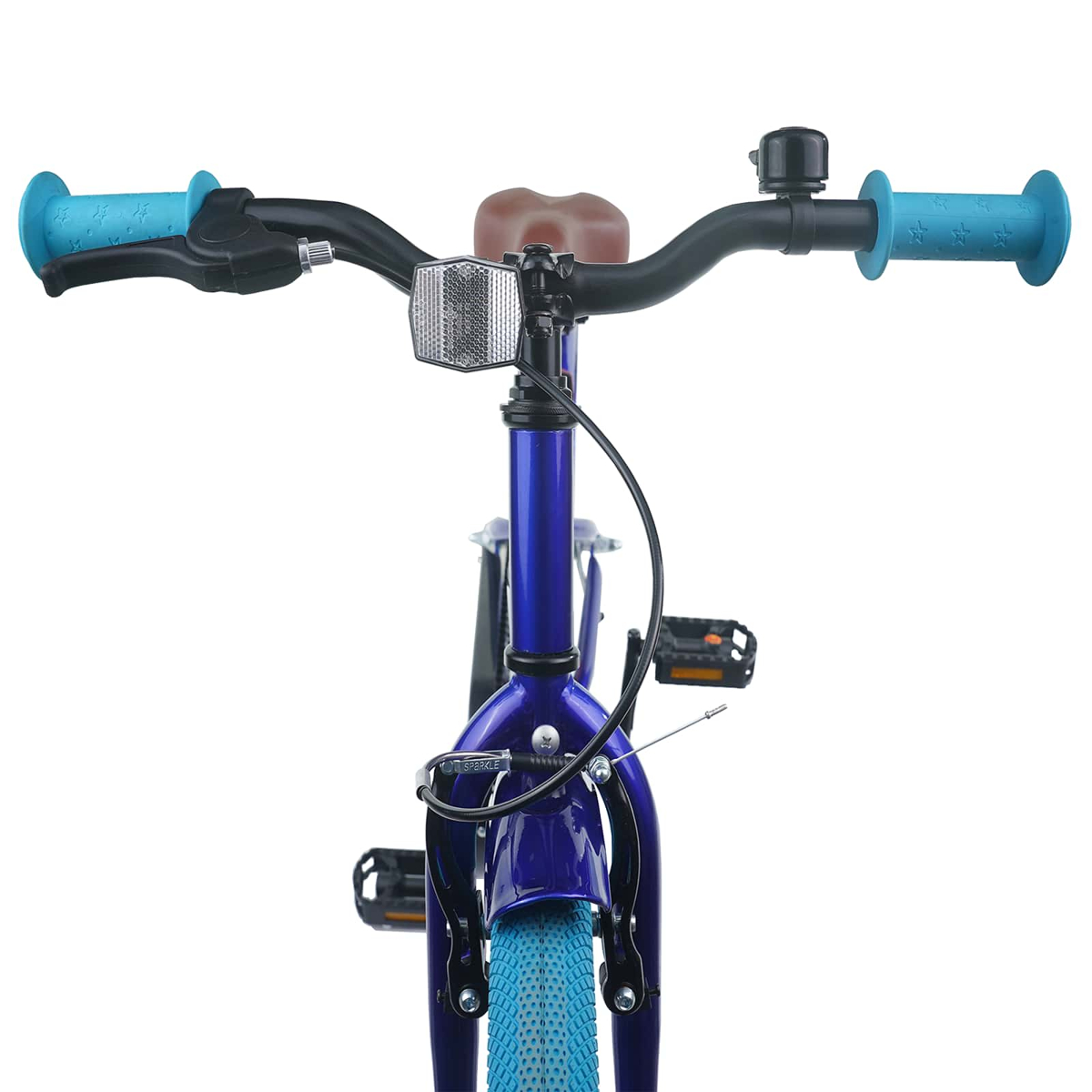 Blaues Fahrrad mit Stern-Griffen, braunem Sattel, Klingel und Reflektor.