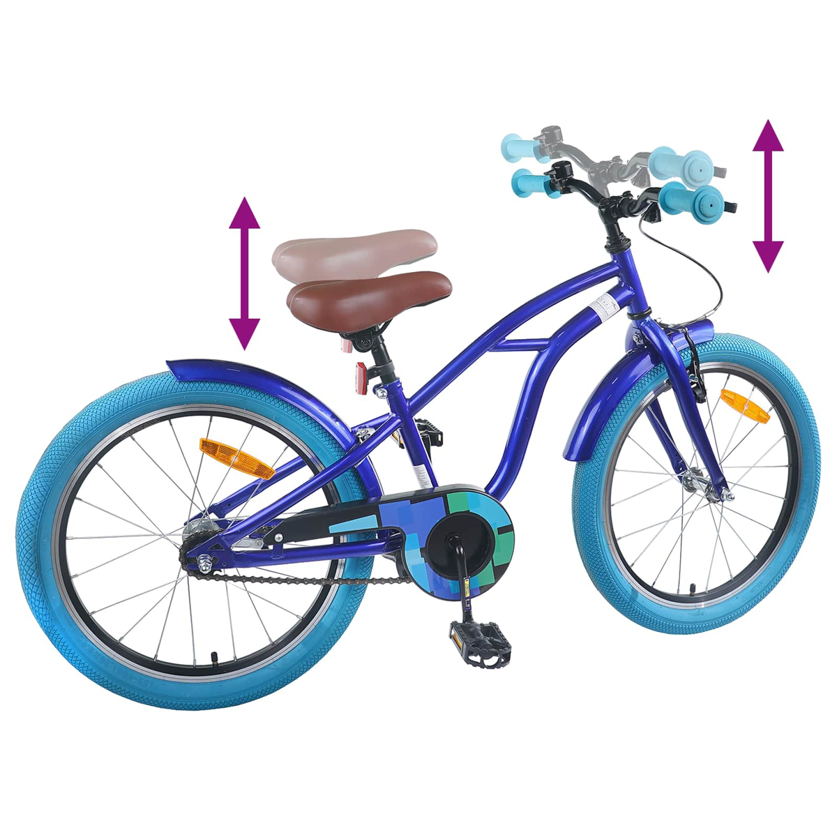Ein blaues Fahrrad mit blauen Reifen, zwei übereinanderliegenden Sitzen und Lenker-Höhenverstellung.