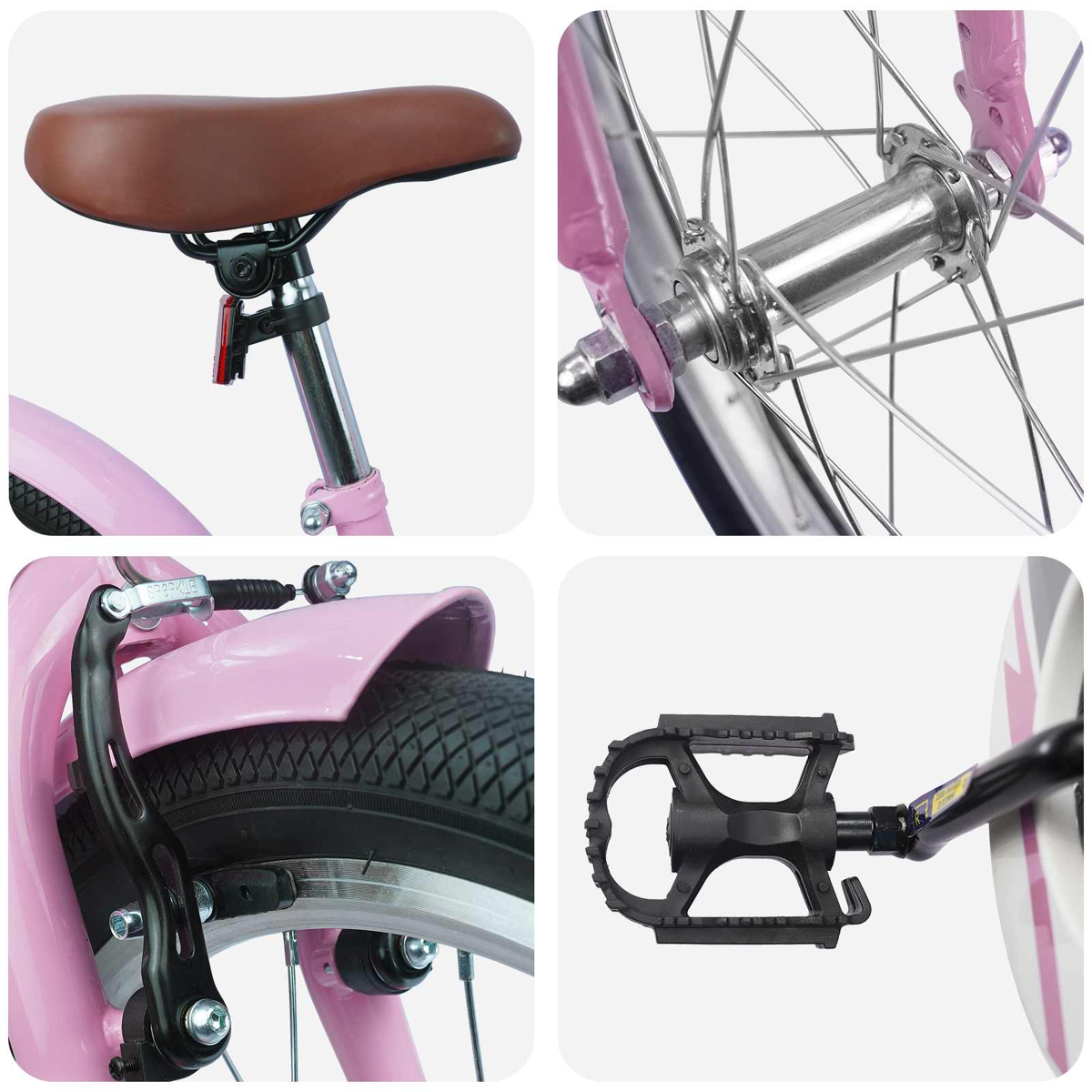 Rosa Fahrrad Details: brauner Sattel, Radnabe, Bremse und schwarzes Pedal.