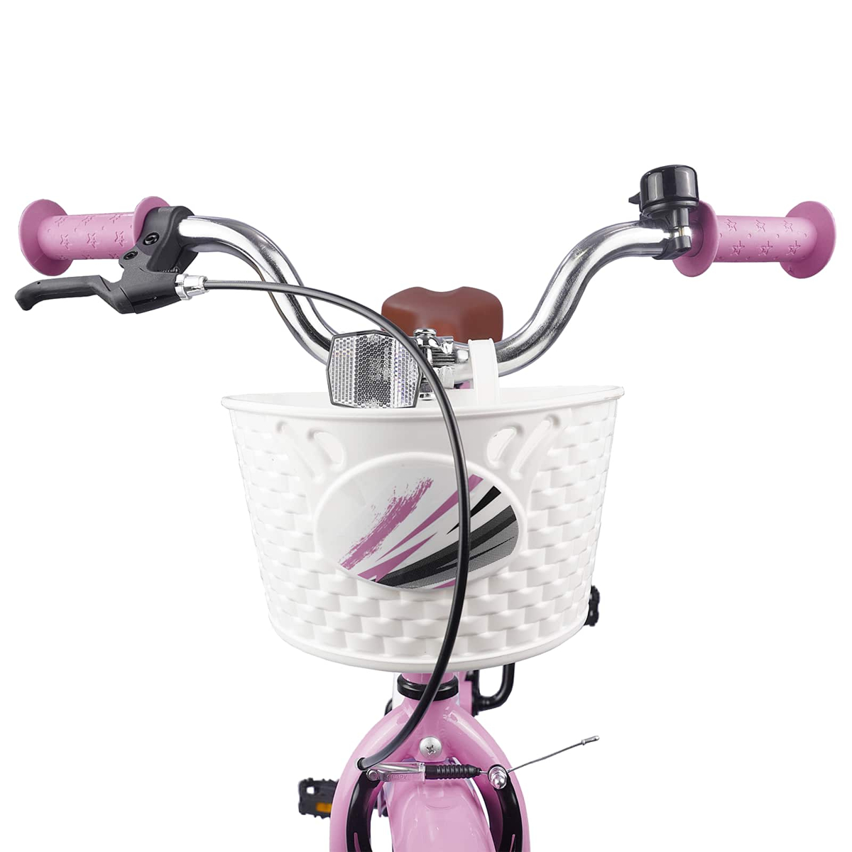 Ein pinkes Kinderfahrrad mit weißem Korb, Lenker, Klingel und Bremsen.