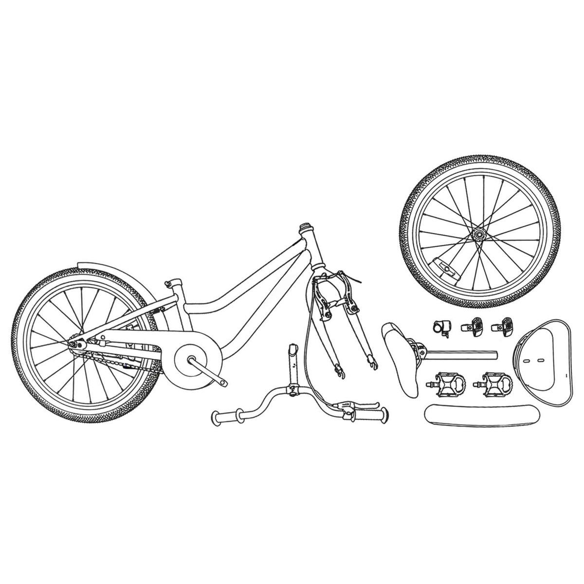 Ein Fahrradrahmen mit Rädern, Lenker, Sattel und Pedalen.