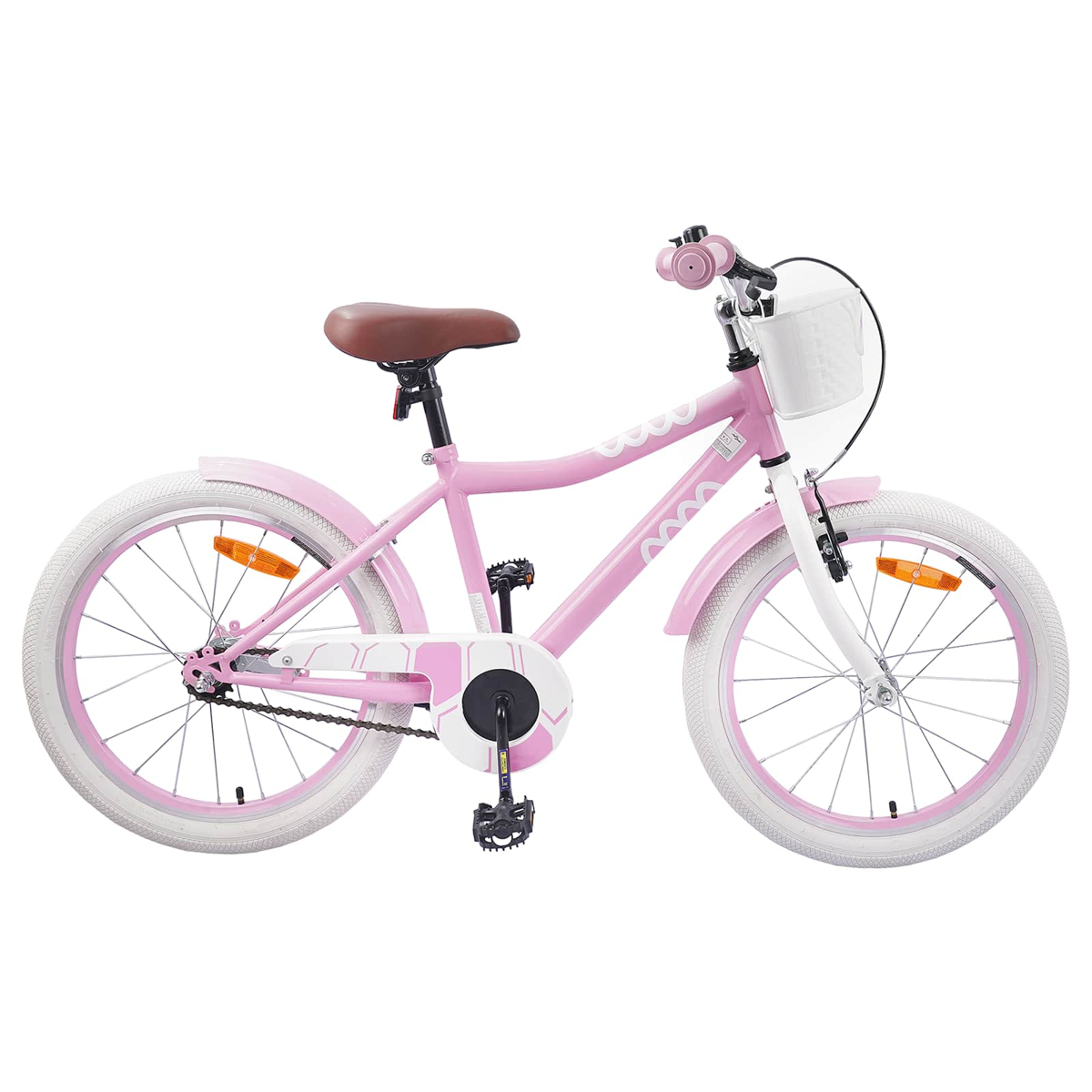 Ein pinkes Kinderfahrrad mit weißen Reifen, braunem Sattel und weißem Korb.