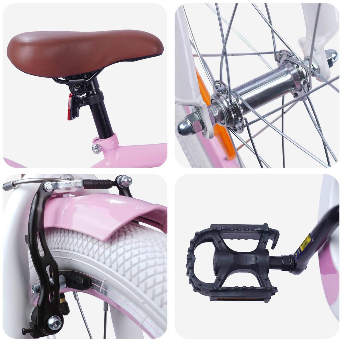 Details eines rosa Kinderfahrrads: Sattel, Vorderradnabe, Bremse, Pedal.
