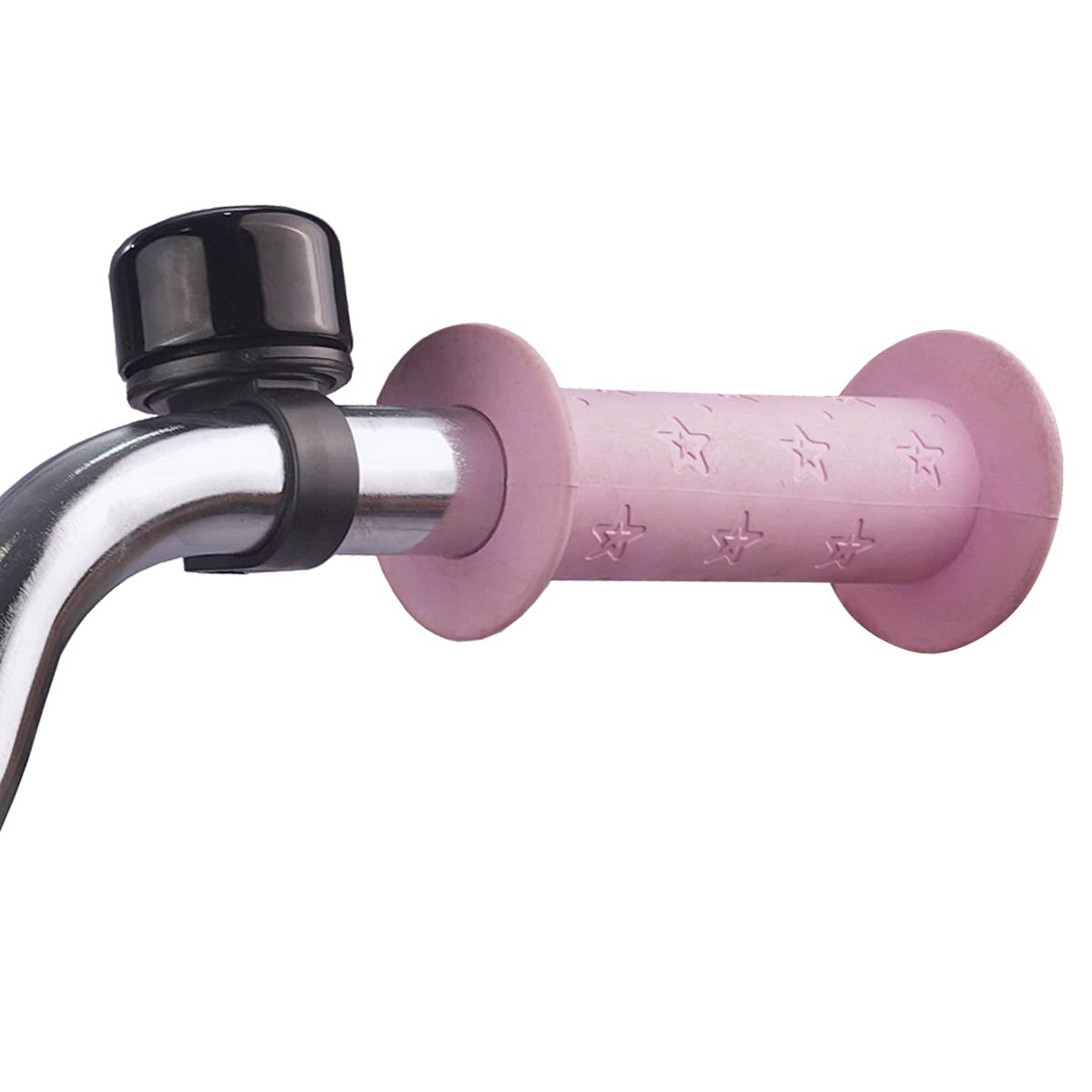 Ein schwarzer Fahrradglocken-Griff mit rosa Sternen auf weißem Hintergrund.