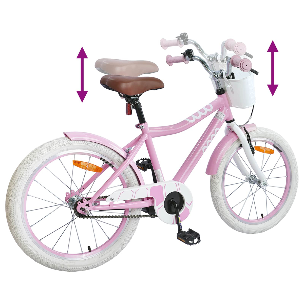 Ein rosafarbenes Kinderfahrrad mit weißen Reifen und einem weißen Korb.