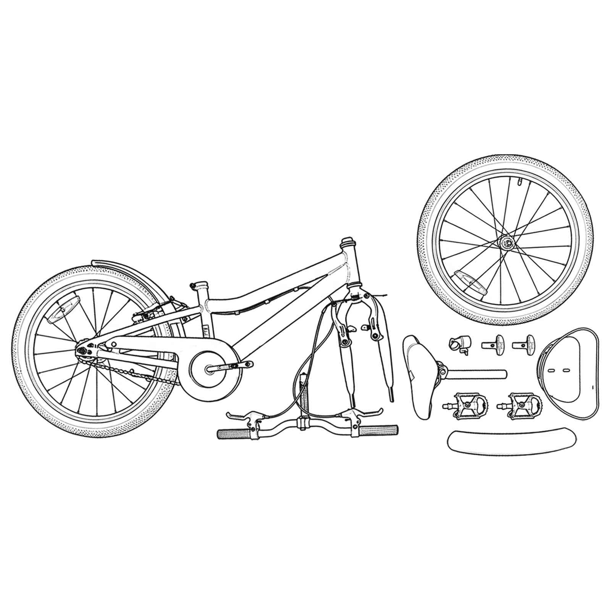 Zerlegte Fahrradteile: Rahmen, Räder, Sattel, Lenker, Pedale.