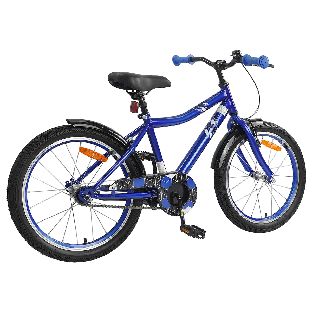 Ein blaues Kinderfahrrad mit schwarzen Schutzblechen und blauen Griffen.