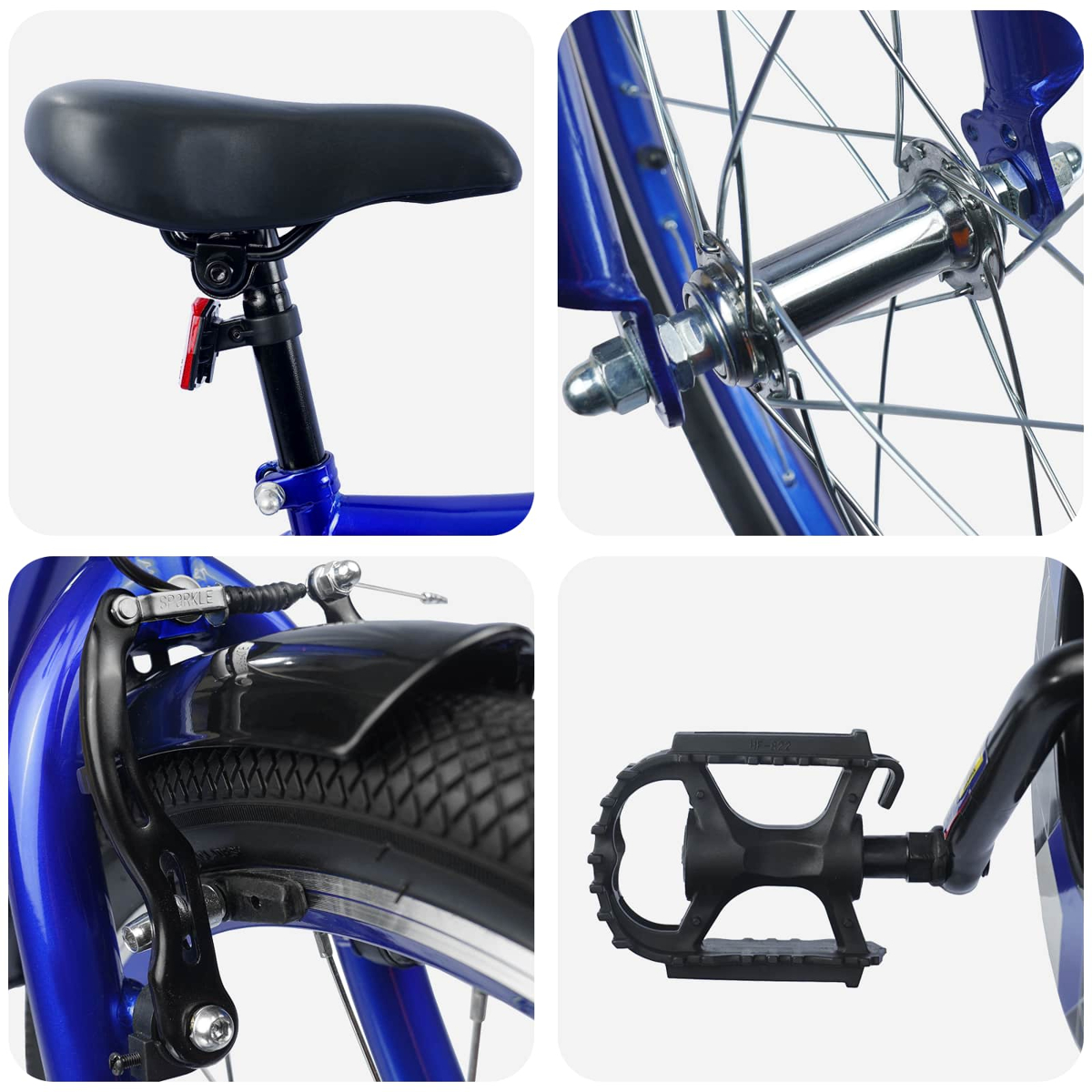 Details eines blauen Fahrrads: Sattel, Radnabe, Bremse und Pedal.