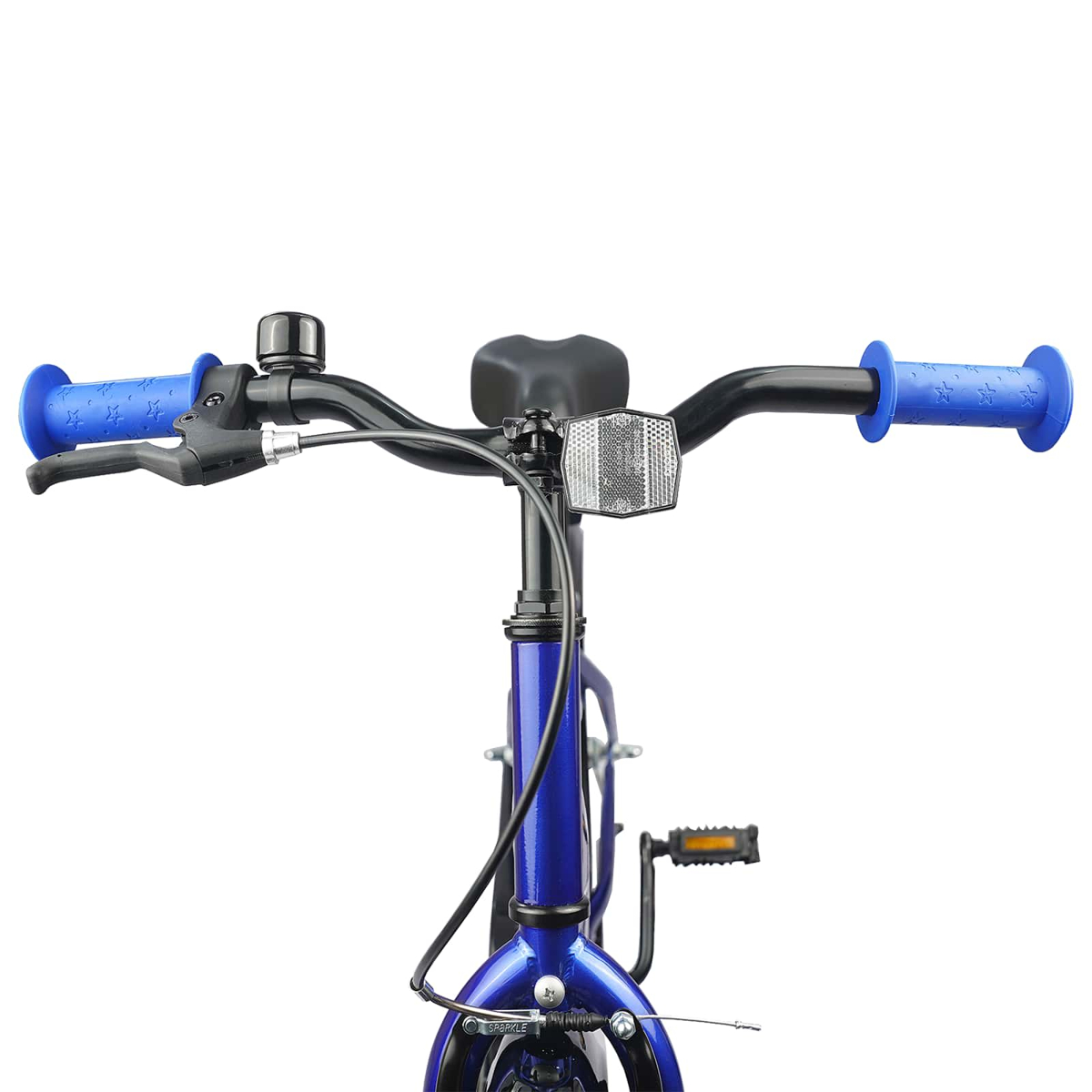 Blauer Fahrradlenker mit blauen Griffen, Klingel, Bremshebel und Reflektor.