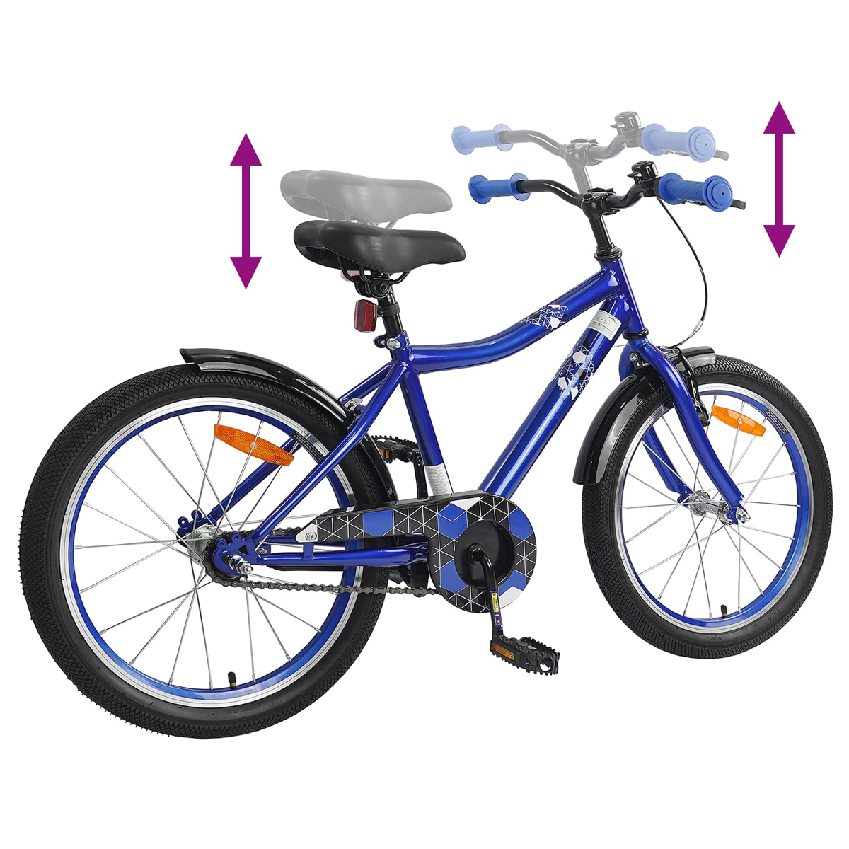 Blaues Kinderfahrrad mit verstellbarem Sattel und Lenker, weiße Akzente.