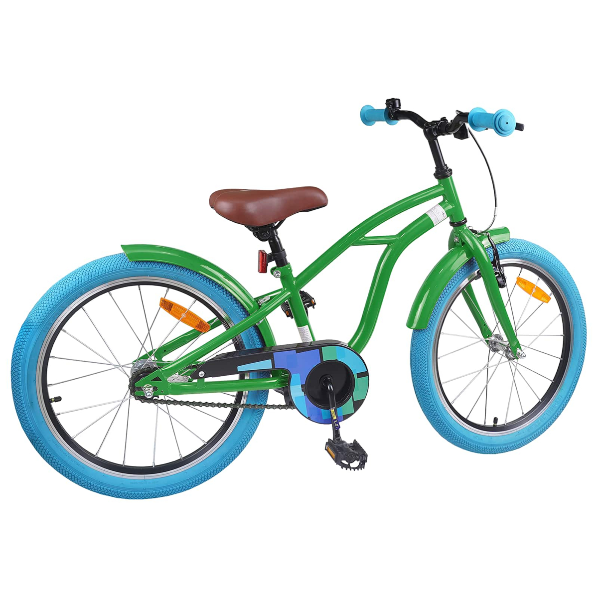 Grünes Kinderfahrrad mit blauen Reifen, braunem Sattel und Lenkern.