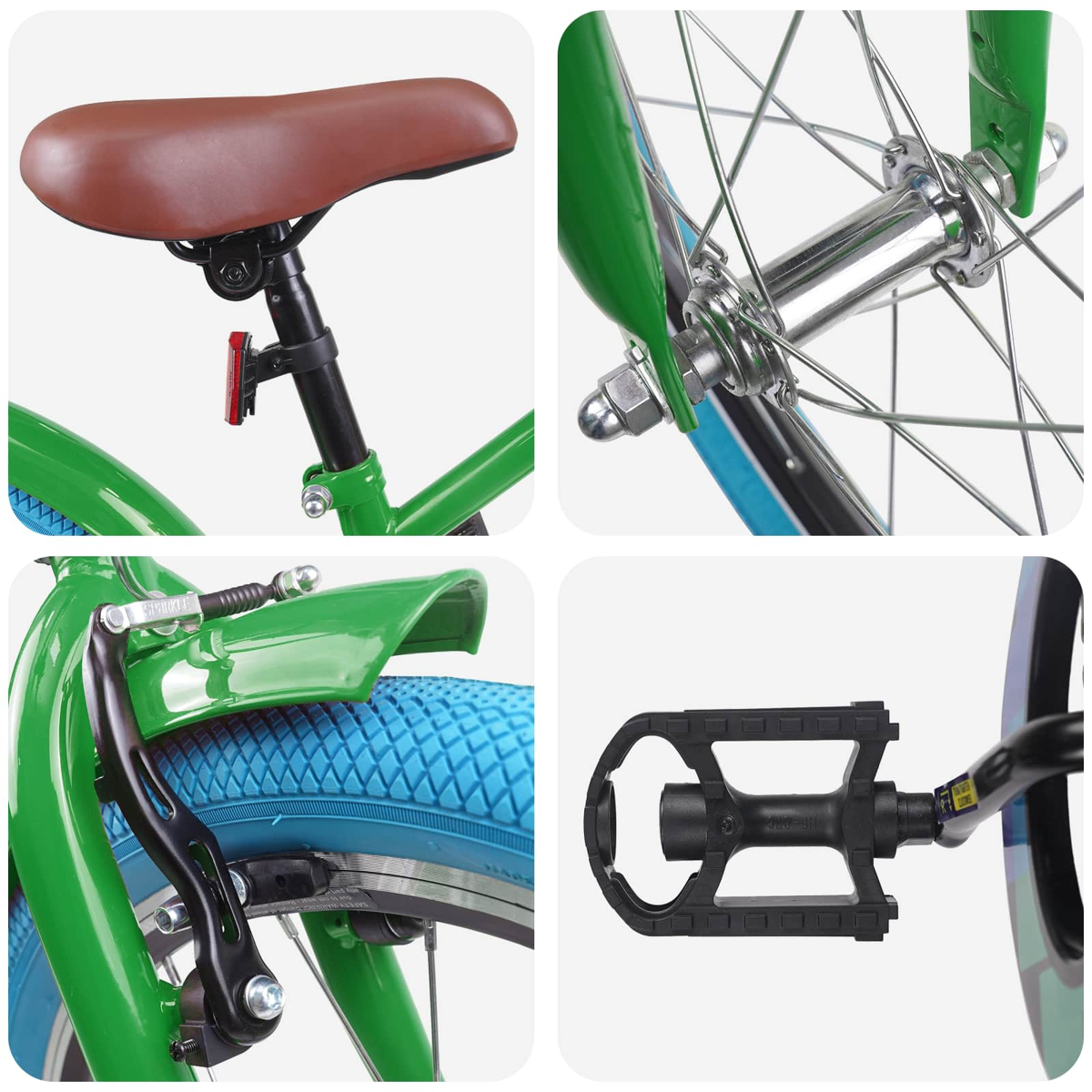 Grünes Fahrrad: Sattel, Radnabe, Bremse, blauer Reifen und Pedal.