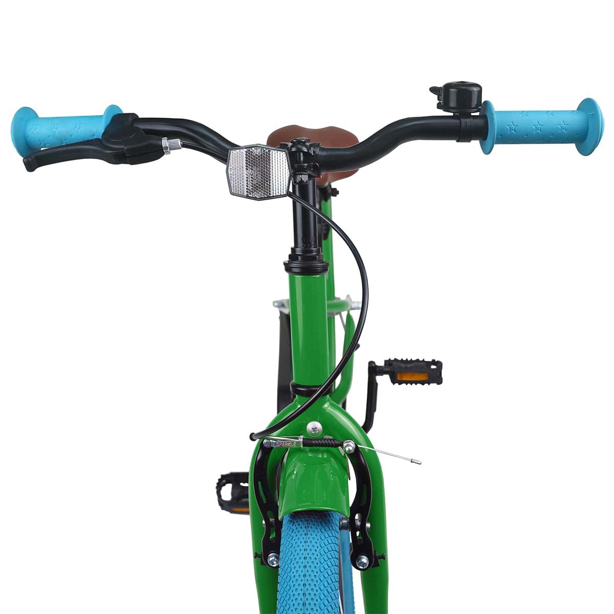 Grünes Fahrrad mit blauen Sternengriffen, braunem Sattel und blauen Reifen.