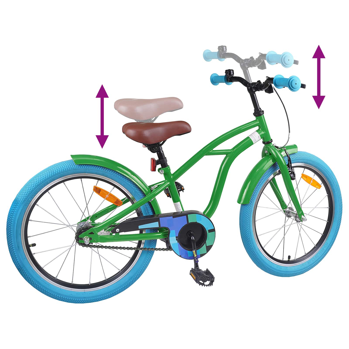Grünes Kinderfahrrad mit blauen Rädern und verstellbarem Sattel und Lenker.