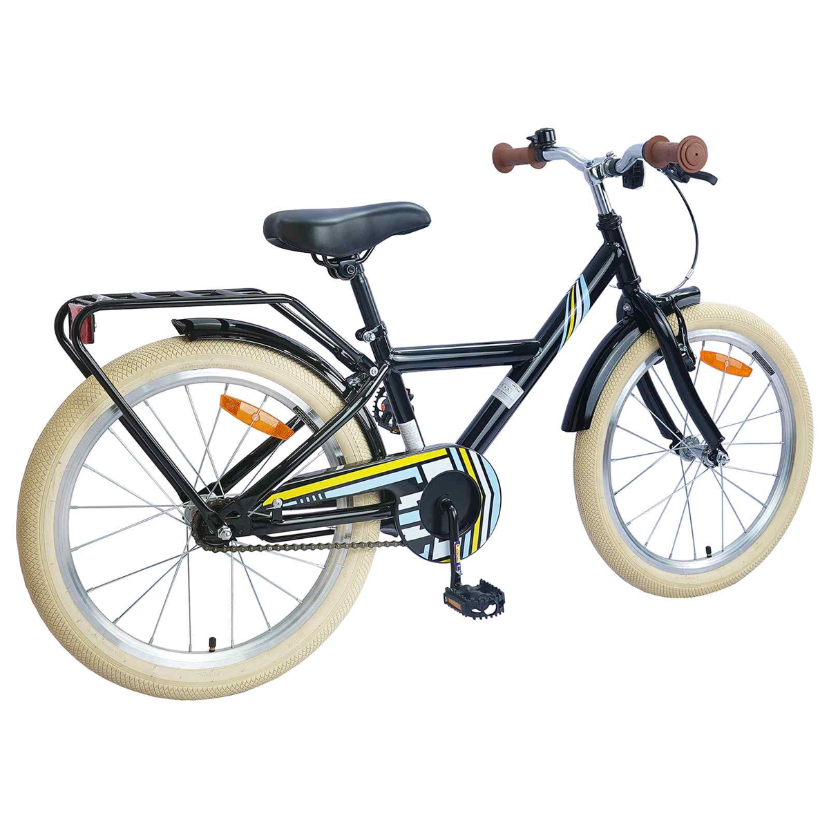 Ein schwarzes Kinderfahrrad mit cremefarbenen Reifen, braunem Lenker und Gepäckträger.