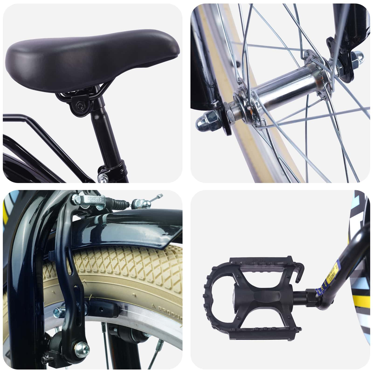 Collage aus Fahrradteilen: Sattel, Radnabe, Bremse und Pedal.