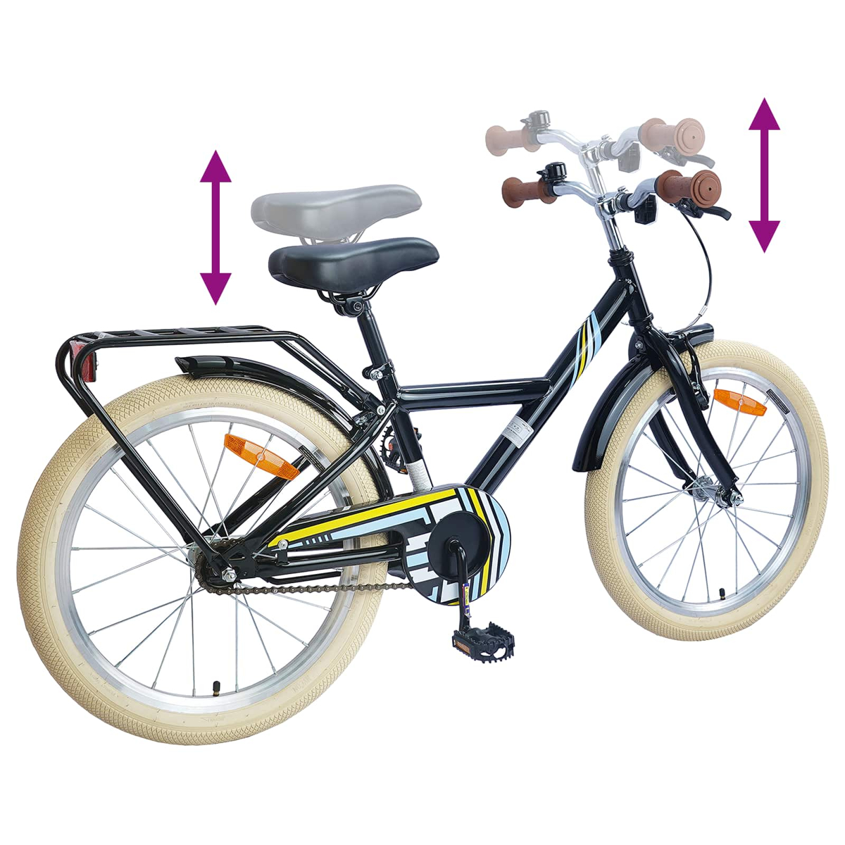 Schwarzes Fahrrad mit beigen Reifen und Gepäckträger. Höhenverstellbare Sitz/Lenker sind angedeutet.