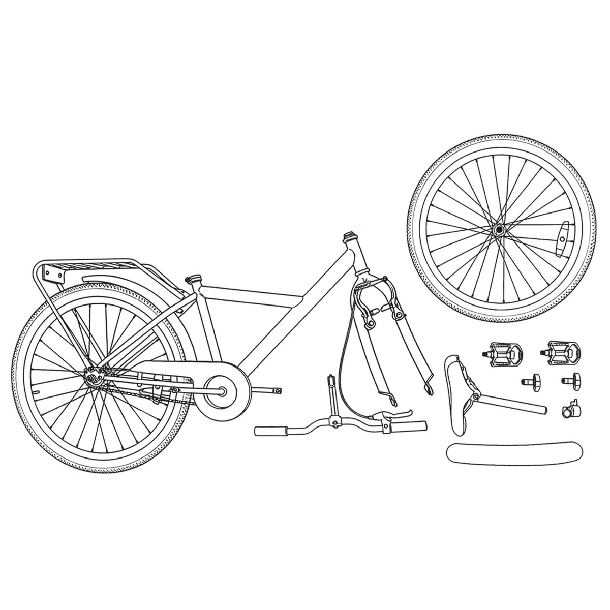 Zeichnung eines Fahrradrahmens, Räder, Pedale, Sattel und Lenker.