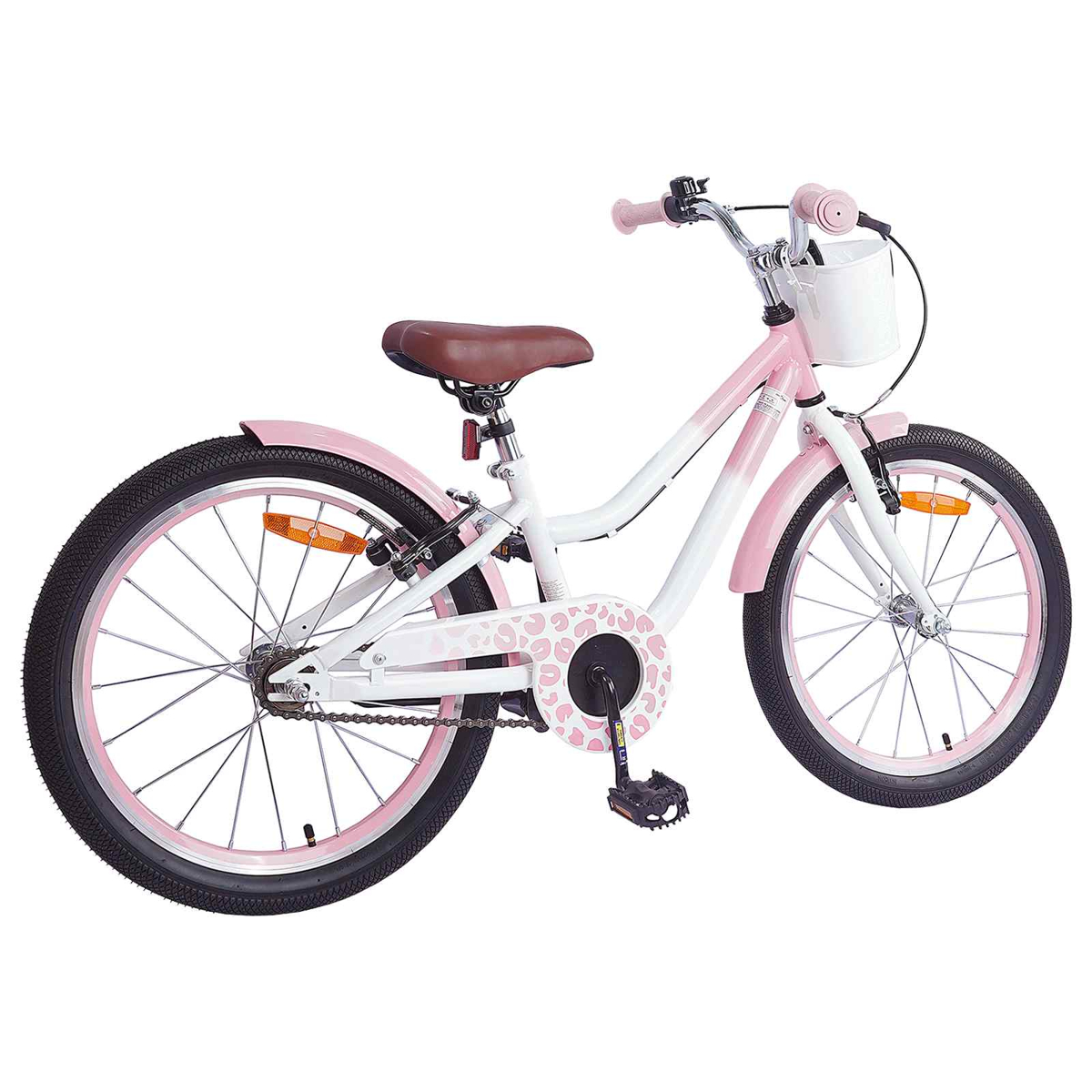 Ein rosafarbenes und weißes Kinderfahrrad mit braunem Sattel und weißem Korb.