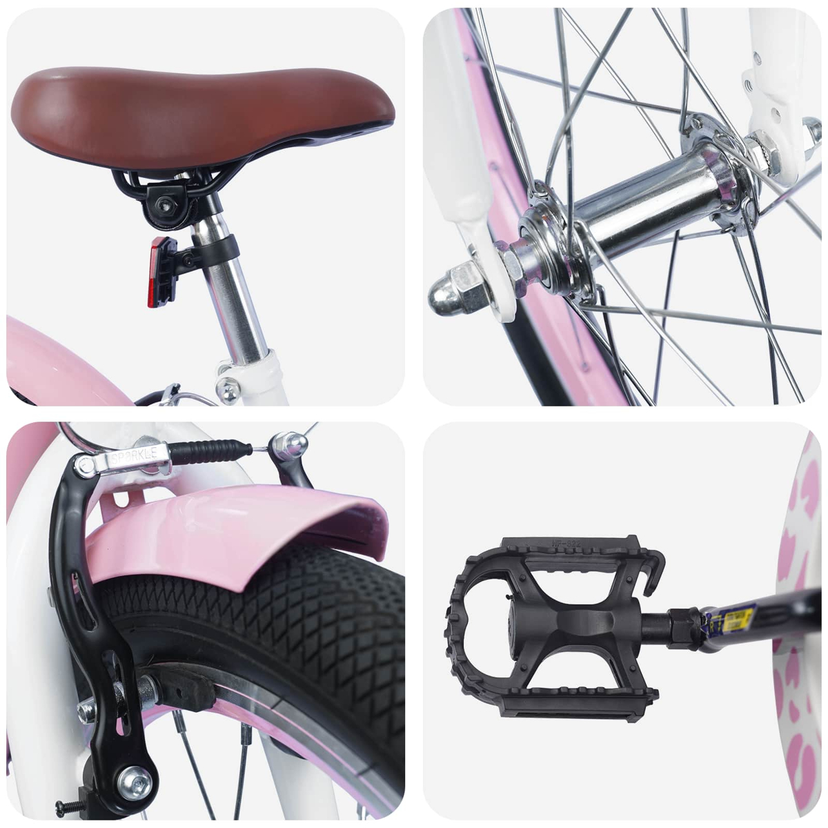Nahaufnahme eines rosa Fahrrads mit braunem Sattel, Vorderradnabe, Bremse und Pedal.