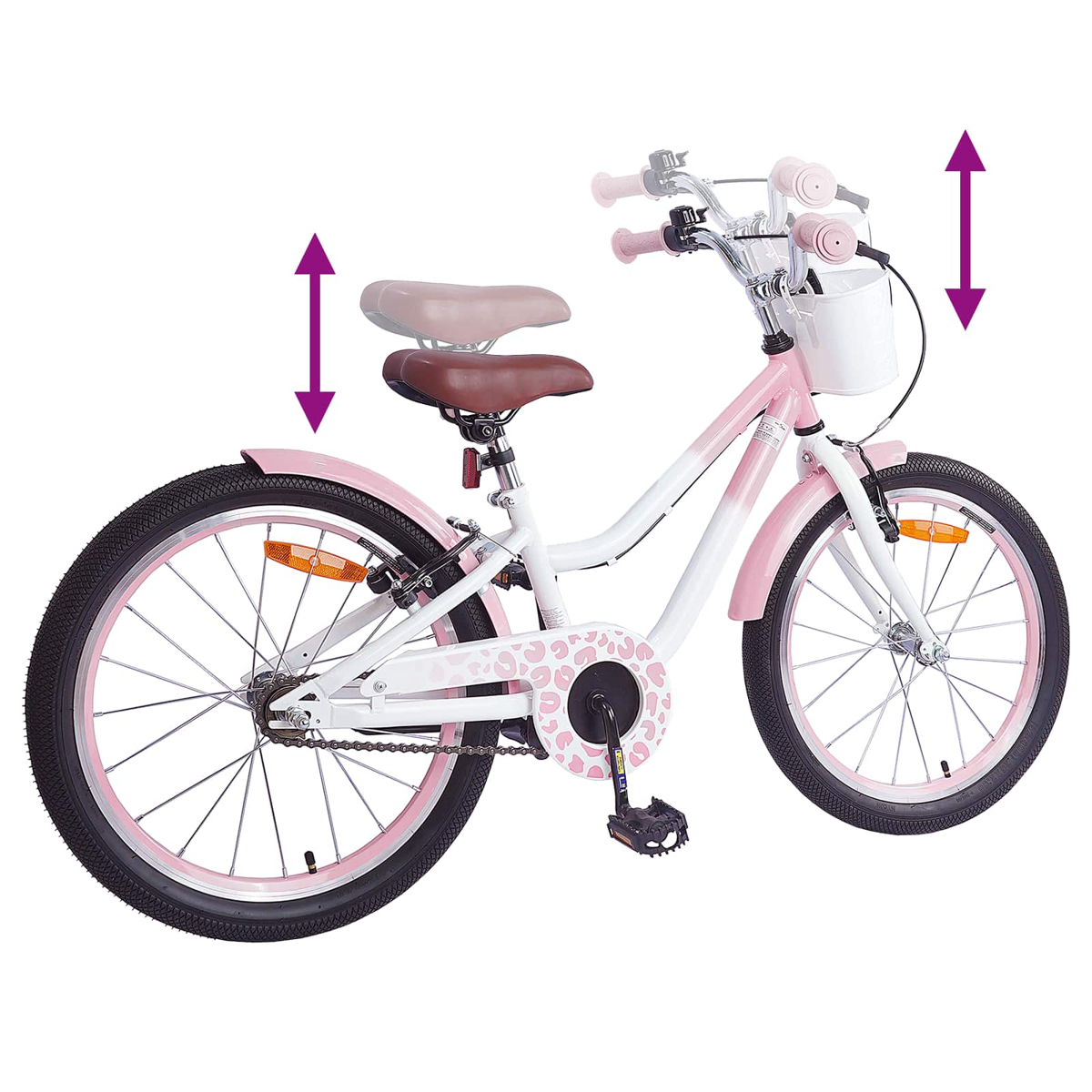 Ein rosa und weißes Kinderfahrrad mit Korb und verstellbarer Sitzhöhe.