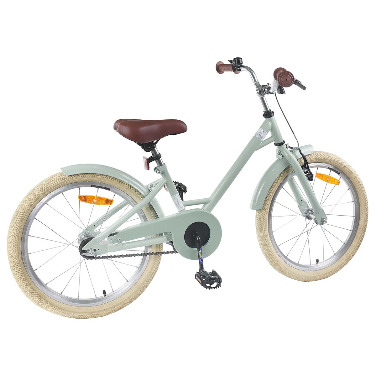 Hellgrünes Kinderfahrrad mit braunem Sattel und cremefarbenen Reifen.