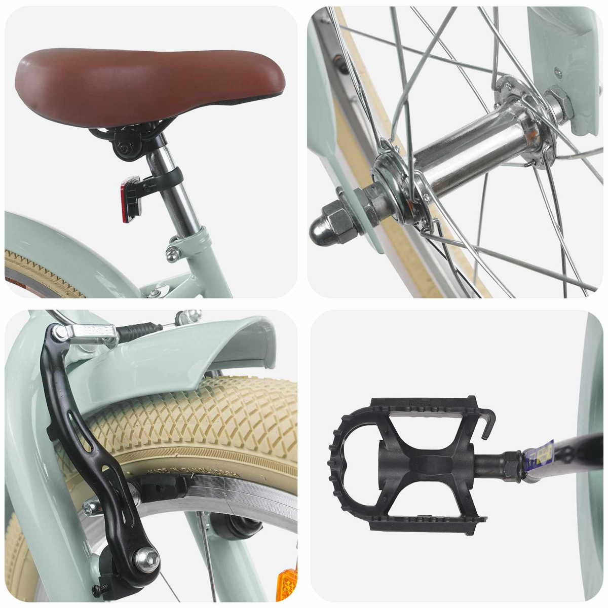 Collage aus Fahrradteilen: Sattel, Radnabe, Bremse und Pedal.