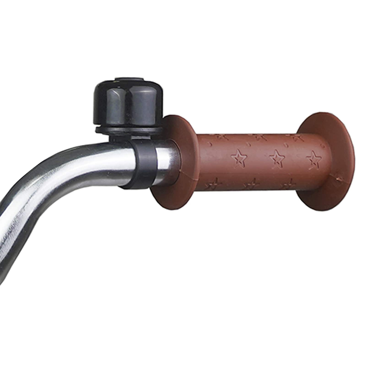 Brauner Fahrradgriff mit Sternen, schwarze Klingel auf Chromlenker.