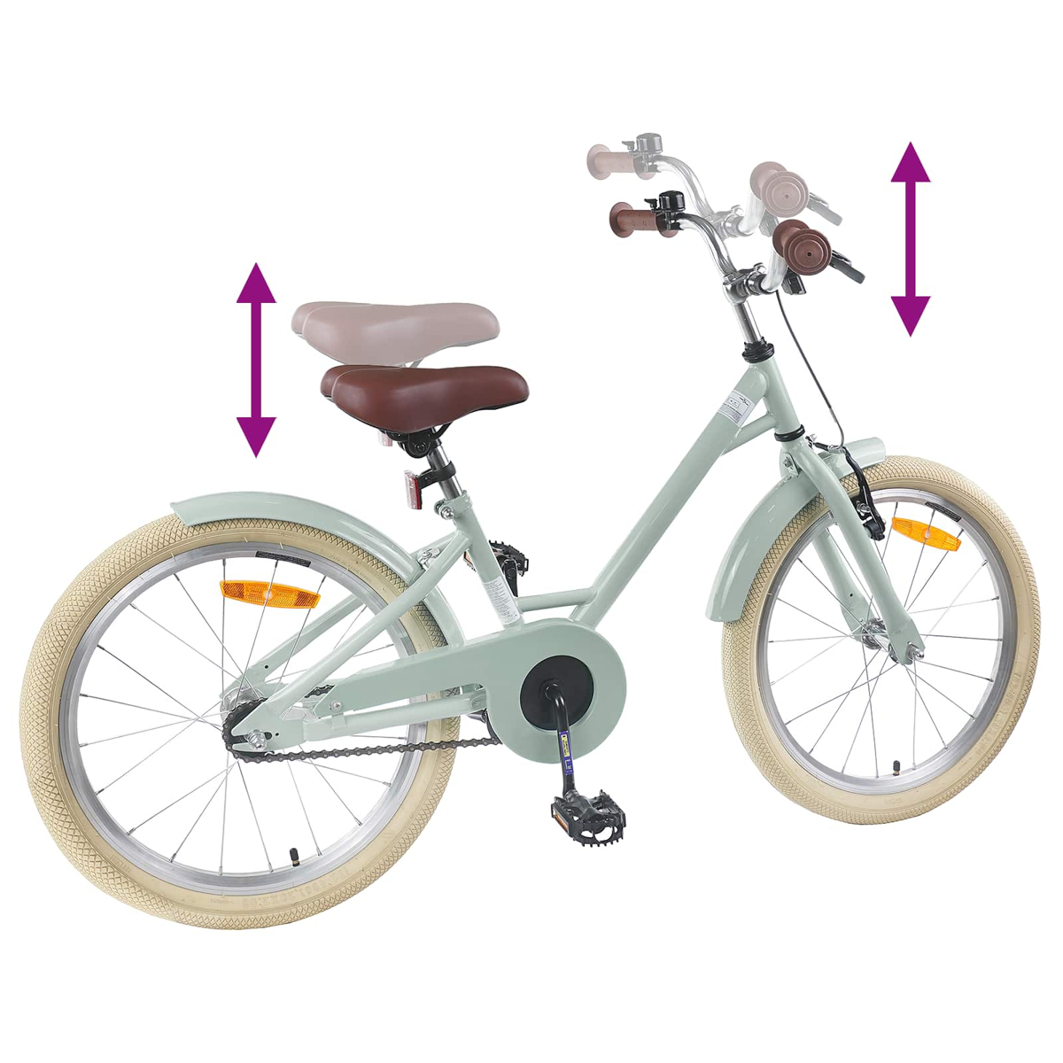 Ein hellgrünes Fahrrad mit beigen Rädern und braunen Sitzen, verstellbarer Sitzhöhe und Lenker.