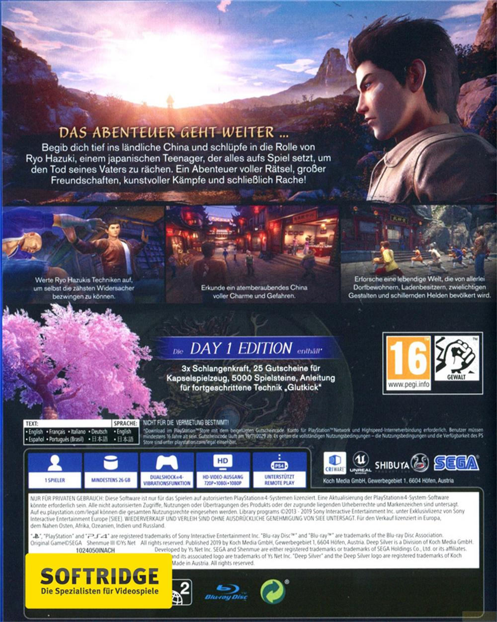 Couverture de jeu PlayStation 4 montrant Ryo Hazuki de profil, un village chinois et des scènes de jeu.