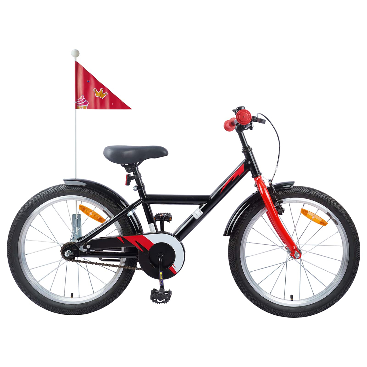 Schwarzes Kinderfahrrad mit roten Akzenten und einer roten Fahne mit Cupcake- und Kronenmotiv.
