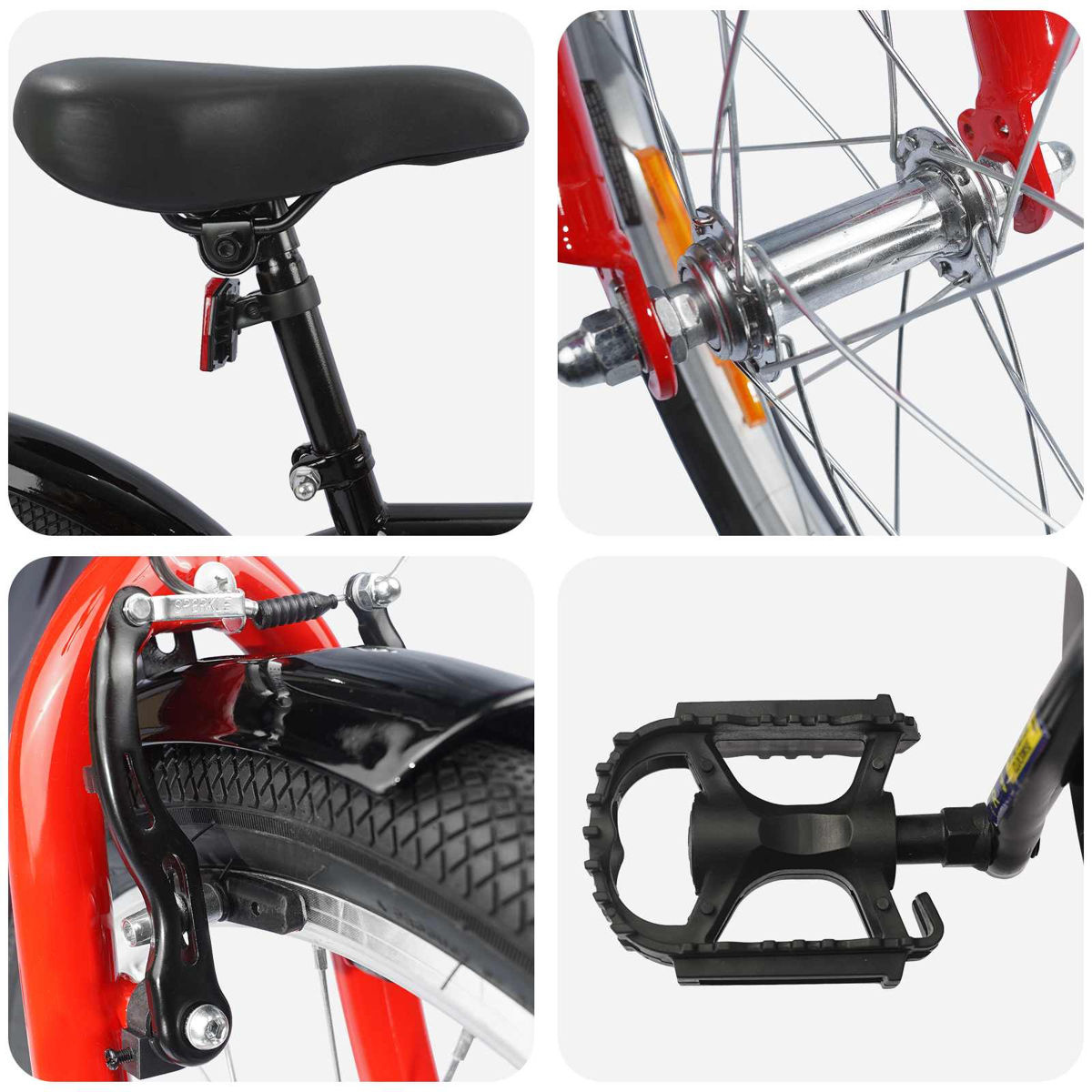 Radteile: Sattel, Vorderradnabe, Hinterradbremse, Pedal.
