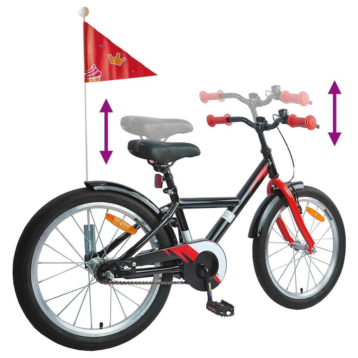 Schwarz-rotes Kinderfahrrad mit einer roten Fahne mit Cupcake- und Kronen-Aufdruck.
